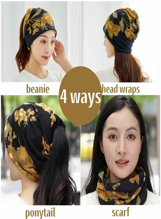 Winatehr 4PCS headwear beanie cap hat for women chemo, slouchy ponytail hat beanie, rave scarf neck facemask gaiter, winter hippie floral head wraps, fashion boho hair accessories cancer care gifts - Image 3